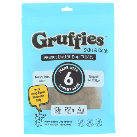 Gruffies Skin and Coat Peanut Butter Dog Treat - 6 oz | Plant Based Dog Treats | Vegan Black Market