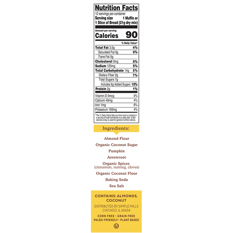 Simple Mills Gluten Free Pumpkin Muffin And Bread Almond Flour Mix - 9 oz