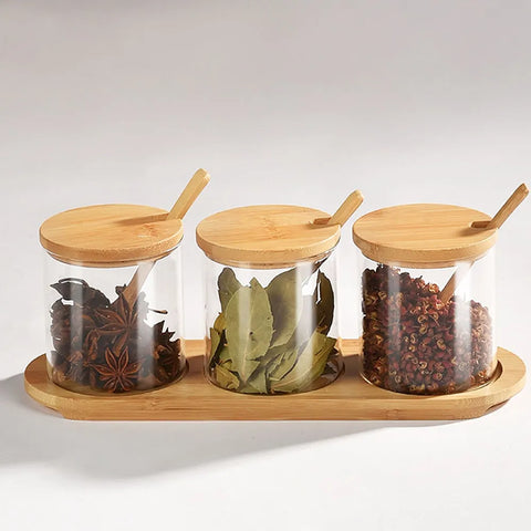 3 Pc Glass Seasoning Jar With Wood Lids & Spoon