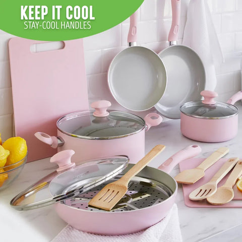 GreenLife Ceramic Nonstick Pink Cooking Pots & Pans 15pc Set