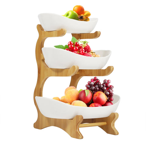 Ceramic 3 Tier Wooden Fruit Basket Stand Rack White