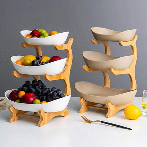 Ceramic 3 Tier Wooden Fruit Basket Stand Rack Beige