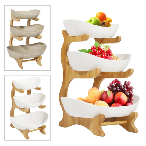 Ceramic 3 Tier Wooden Fruit Basket Stand Rack White