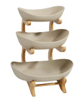 Ceramic 3 Tier Wooden Fruit Basket Stand Rack Beige