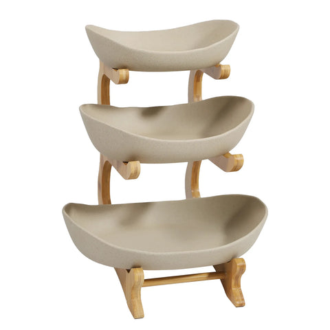 Ceramic 3 Tier Wooden Fruit Basket Stand Rack Beige