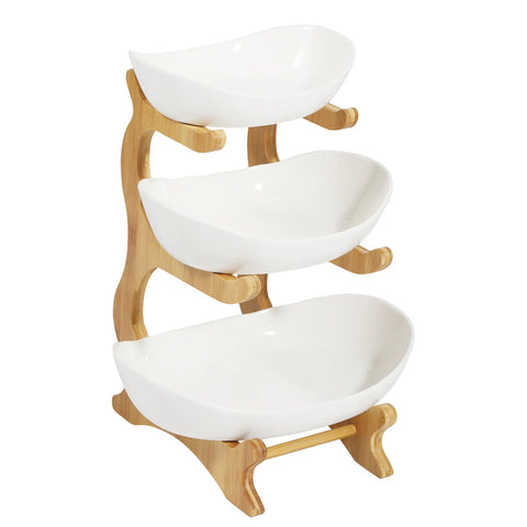 Ceramic 3 Tier Wooden Fruit Basket Stand Rack White