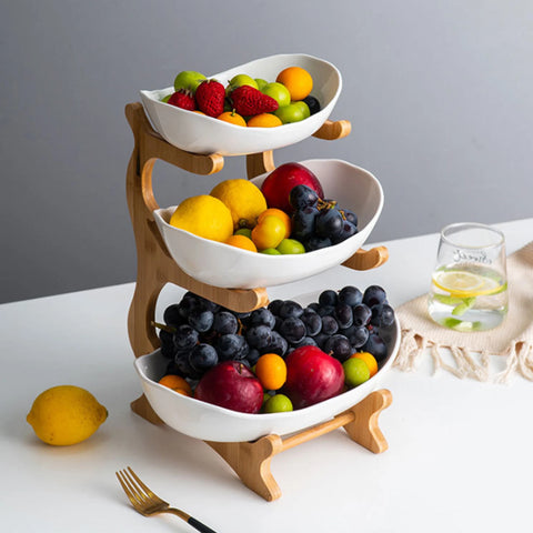 Ceramic 3 Tier Wooden Fruit Basket Stand Rack White | Vegan Black Market