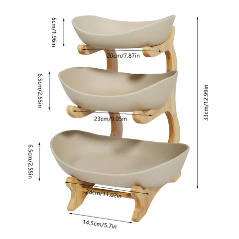 Ceramic 3 Tier Wooden Fruit Basket Stand Rack Beige