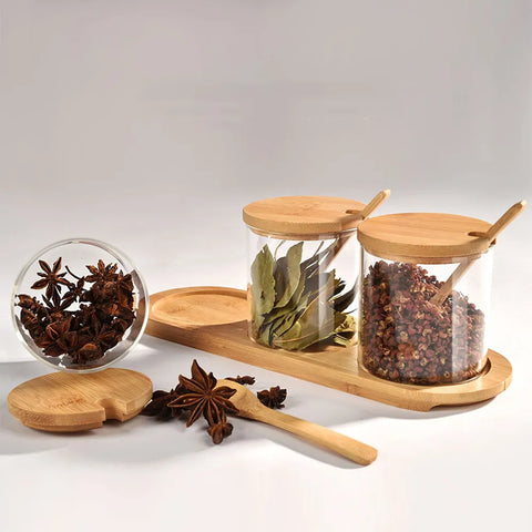 3 Pc Glass Seasoning Jar With Wood Lids & Spoon