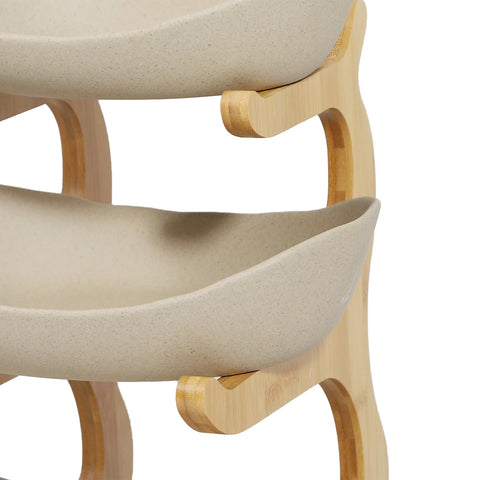 Ceramic 3 Tier Wooden Fruit Basket Stand Rack Beige