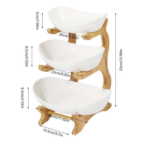 Ceramic 3 Tier Wooden Fruit Basket Stand Rack White