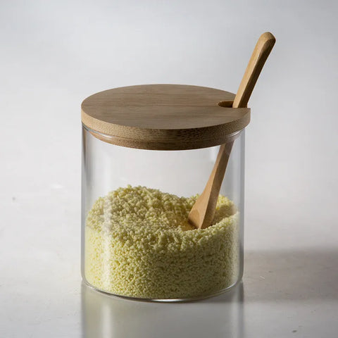 3 Pc Glass Seasoning Jar With Wood Lids & Spoon
