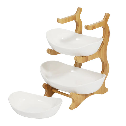Ceramic 3 Tier Wooden Fruit Basket Stand Rack White