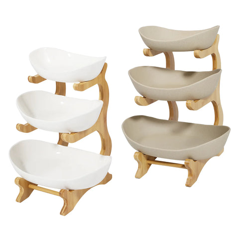Ceramic 3 Tier Wooden Fruit Basket Stand Rack White