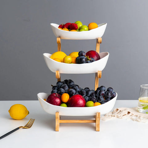 Ceramic 3 Tier Wooden Fruit Basket Stand Rack White
