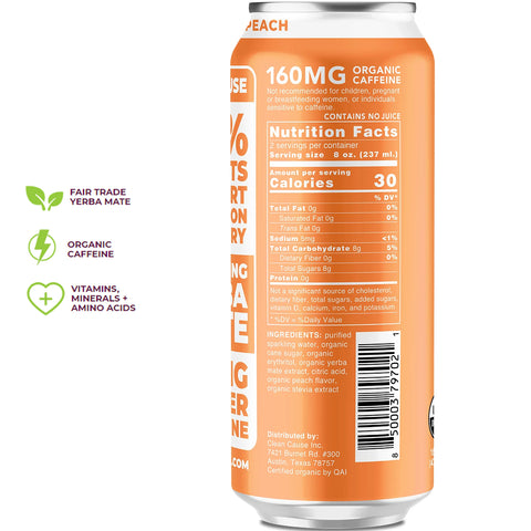 Clean Cause Organic Sparkling Yerba Mate - Peach - 16 oz