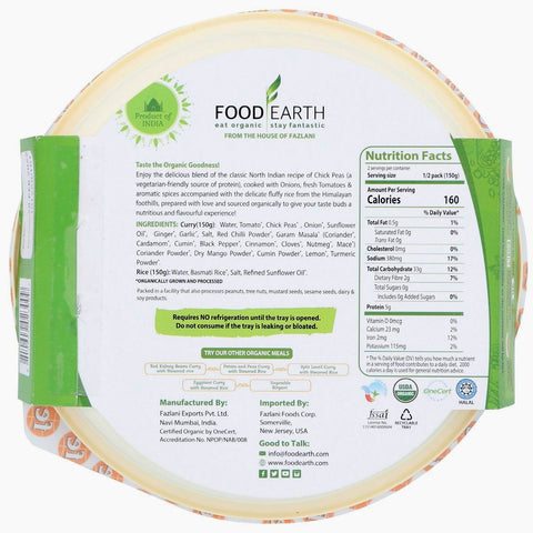 Food Earth Organic Indian Chick Peas Curry With Steamed Rice - 10.58 oz.