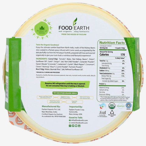 Food Earth Organic Indian Red Kidney Beans Curry With Steamed Rice - 10.58 oz.