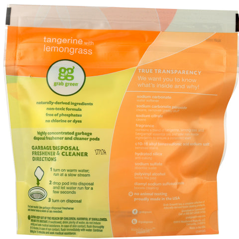 Grab Green Garbage Disposal Freshener Cleaner Pods Tangerine with Lemongrass - 12 pods/5.9oz