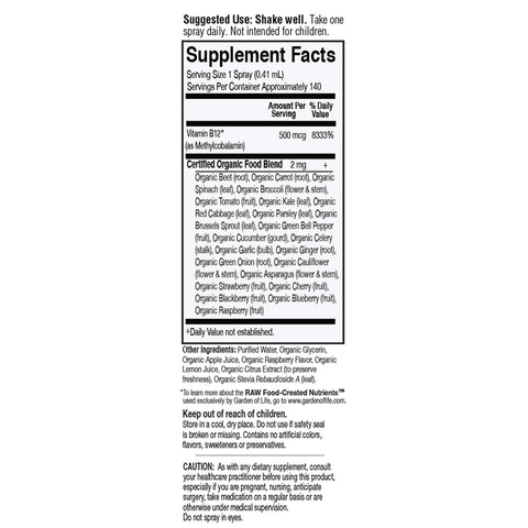 Garden of Life Mykind Organics Vitamin B-12 Spray, Raspberry - 2 Fl Oz