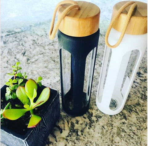 Bamboo White Silicone Glass Water Bottle - 24 oz.