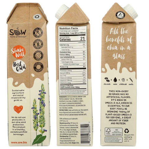 SOW Chia Non Dairy Beverage Vanilla Unsweetened - 32 oz.
