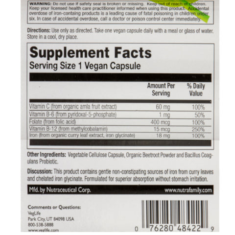 VegLife Tummy Smart Iron + C 18 mg - 50 Vegan Capsules
