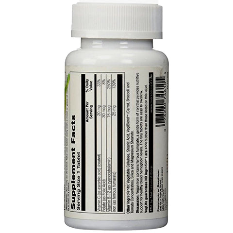 Veglife Vegan Iron Plus Vitamin C, Folic Acid, B-12 and VegiBlend Food Base 25 Mg - 100 Tablets