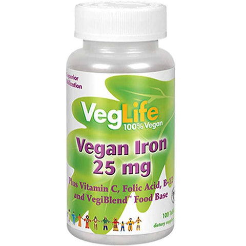 Veglife Vegan Iron Plus Vitamin C, Folic Acid, B-12 and VegiBlend Food Base 25 Mg - 100 Tablets