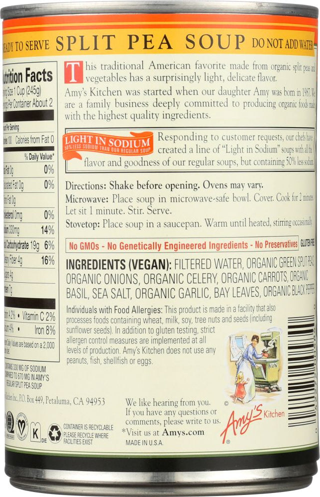 Amy's Organic Soups Low Fat Split Pea 14.1 oz. Vegan Black Market