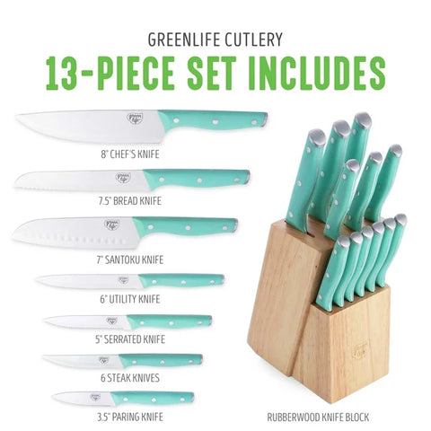 GreenLife 13-Piece High Carbon Stainless Steel Turquoise Wood Knife Block Set