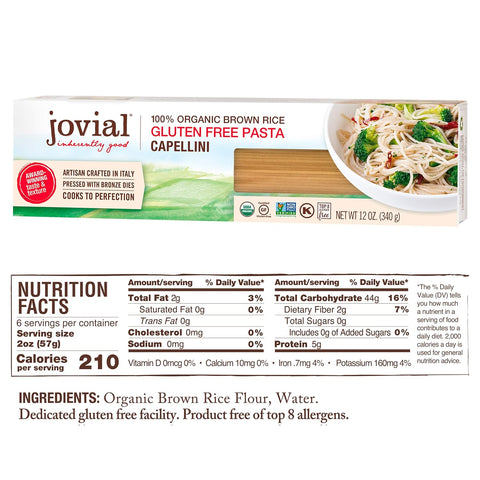 Jovial Gluten Free Capellini Organic Brown Rice Pasta - 12 oz