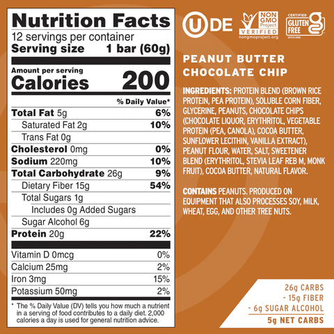 No Cow Peanut Butter Chocolate Chip Protein Bar - 60 g.
