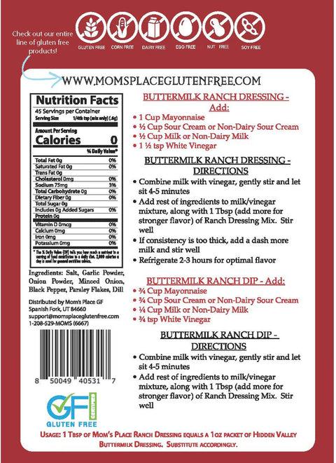 Mom's Place Gluten Free Ranch Dressing Mix - 1 oz