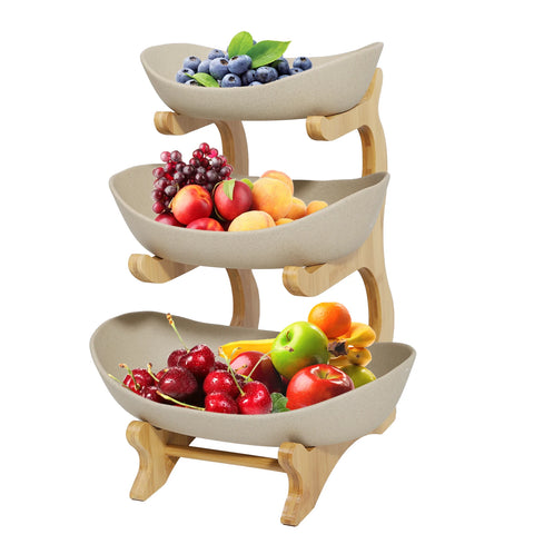Ceramic 3 Tier Wooden Fruit Basket Stand Rack Beige