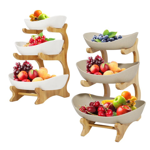 Ceramic 3 Tier Wooden Fruit Basket Stand Rack Beige