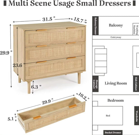 3 Drawer Wicker Rattan Dresser Drawers