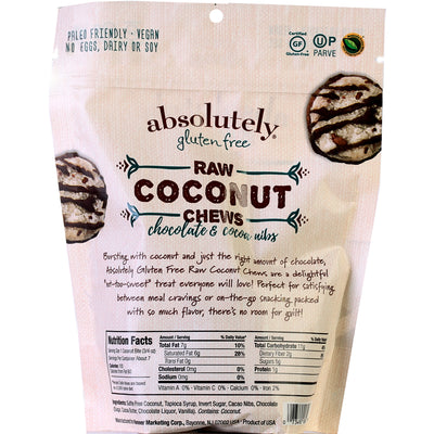 Absolutely Gluten Free Raw Coconut Chews Chocolate Cacao Nibs- 5 oz.