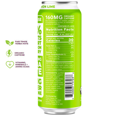 Clean Cause Organic Sparkling Yerba Mate - Lemon Lime, - 16 oz.