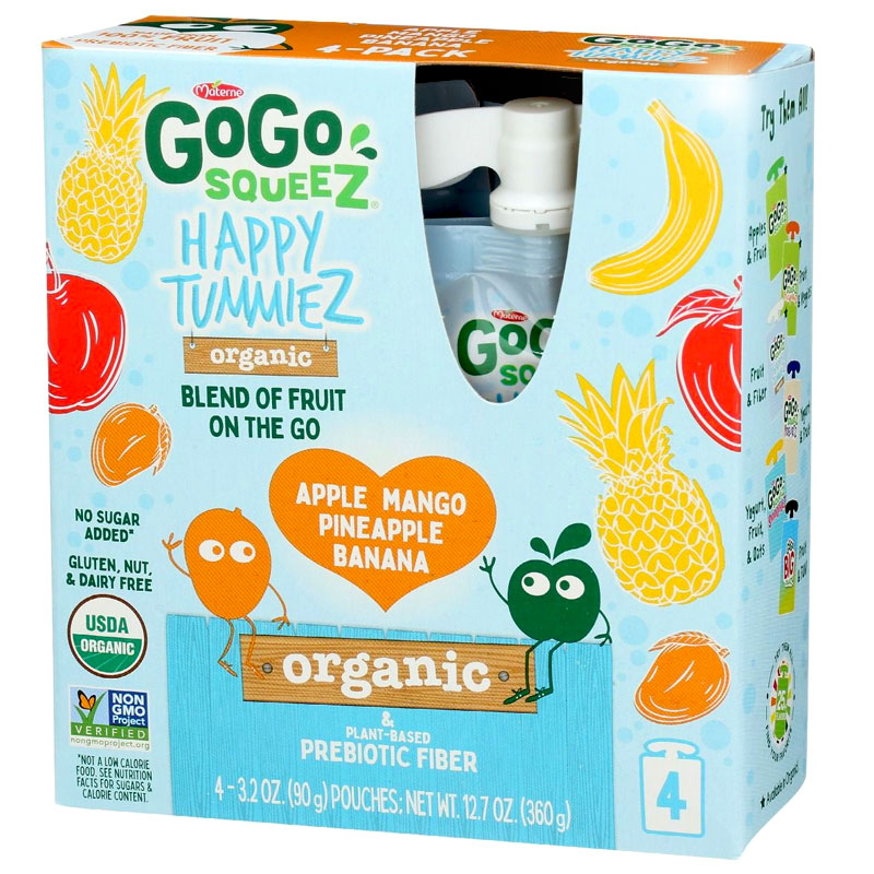 GoGo squeeZ Happy Tummiez Organic Apple Mango Pineapple Banana -  4pk/3.2 oz.