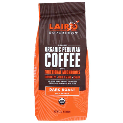 Laird Superfood Ground Organic Peruvian Coffee with Functional Mushrooms - 12 oz.